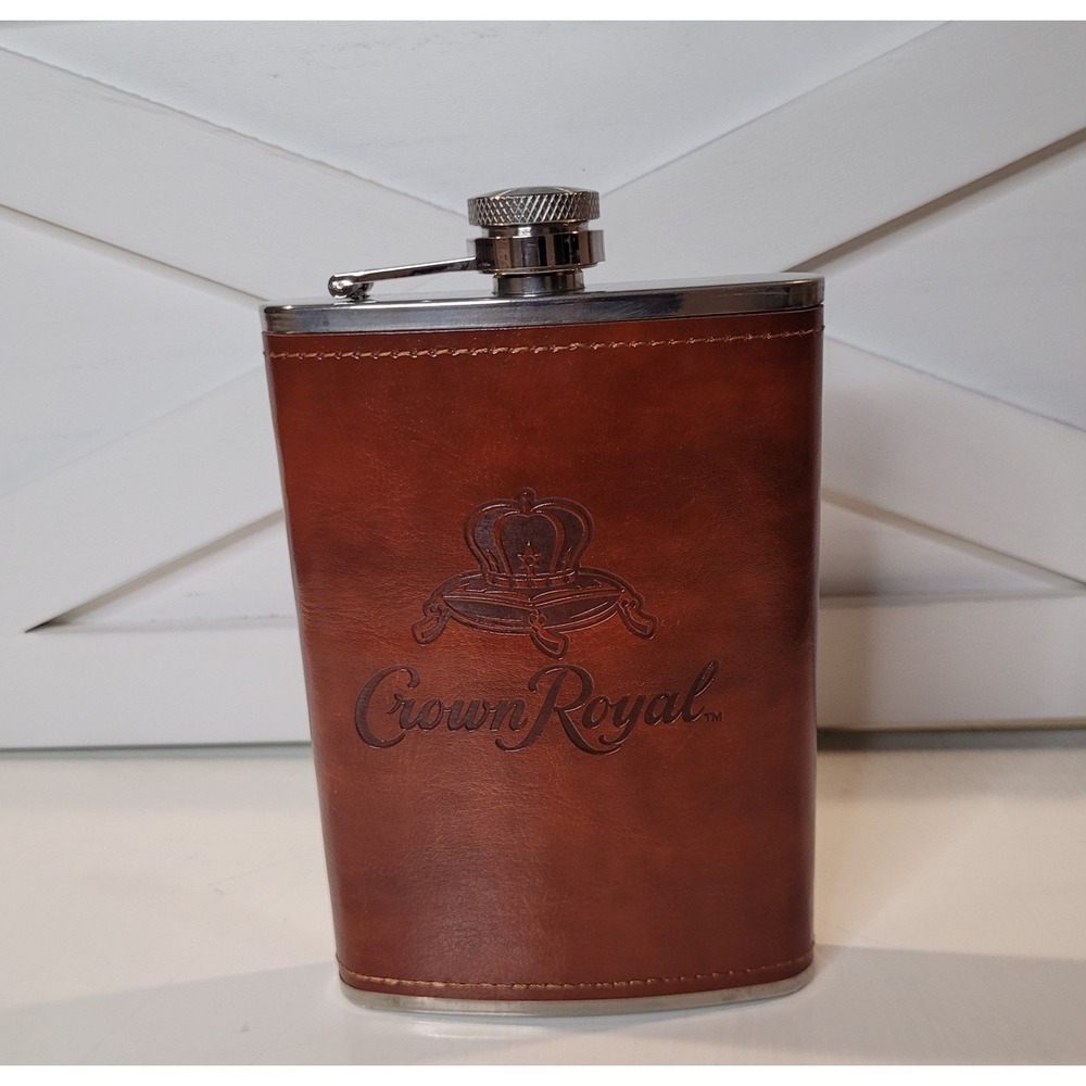 Set of 7 Crown Royal Brown Leather Stainless Steel Hip Flask, 8 oz Leak Proof